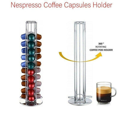 40 Capsules Rotating Coffee Pod Holder Rack for Nespresso Chrome Countertop Stand - Mekamart Australia