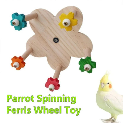 Rotating Wooden Bird Toy Parrot Ferris Wheel Cage Play Stand Turntable Spinner