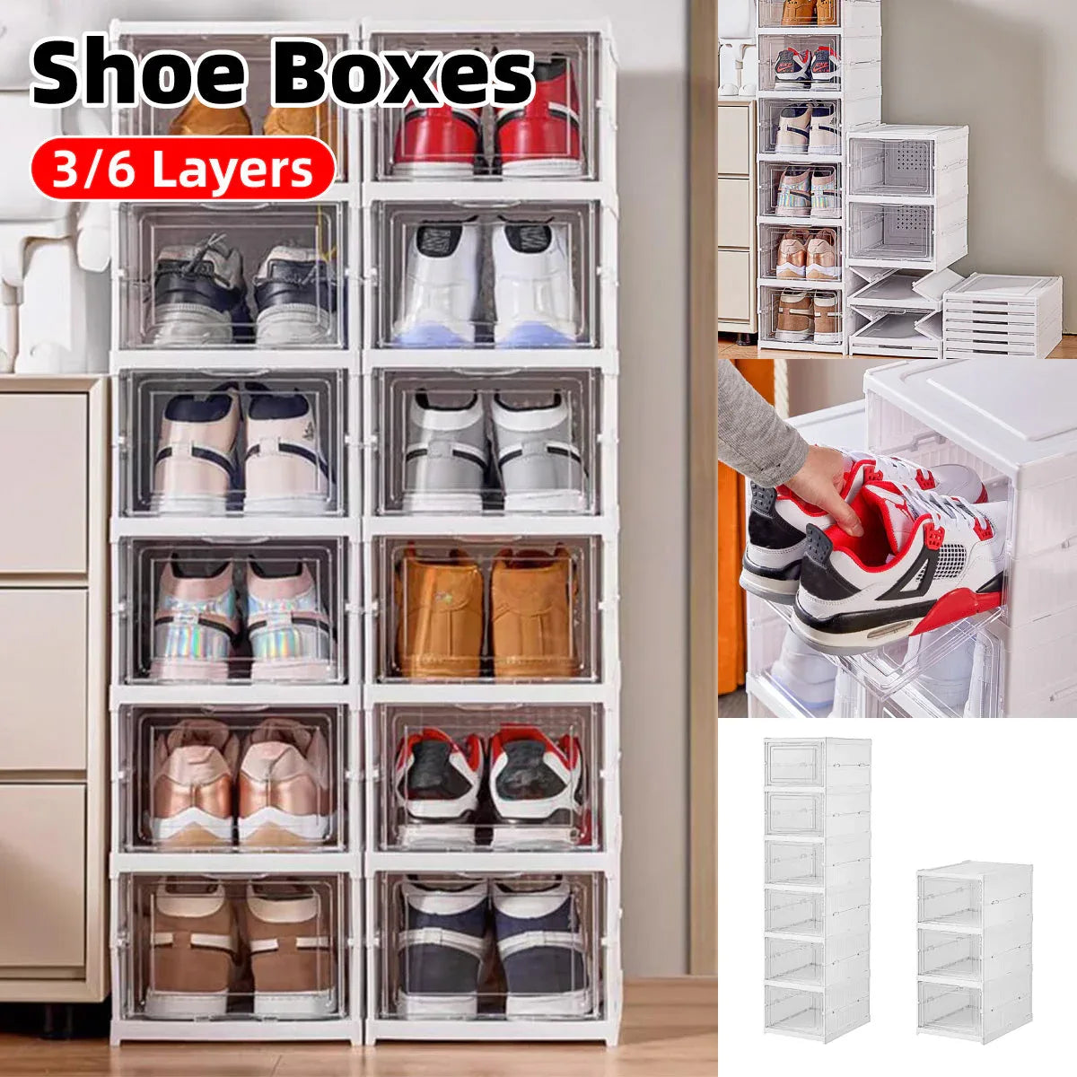 Easy Assemble Shoe Box Foldable Rack 3/6 Layers Storage Transparent Drawers - 3-Tier - Mekamart Australia