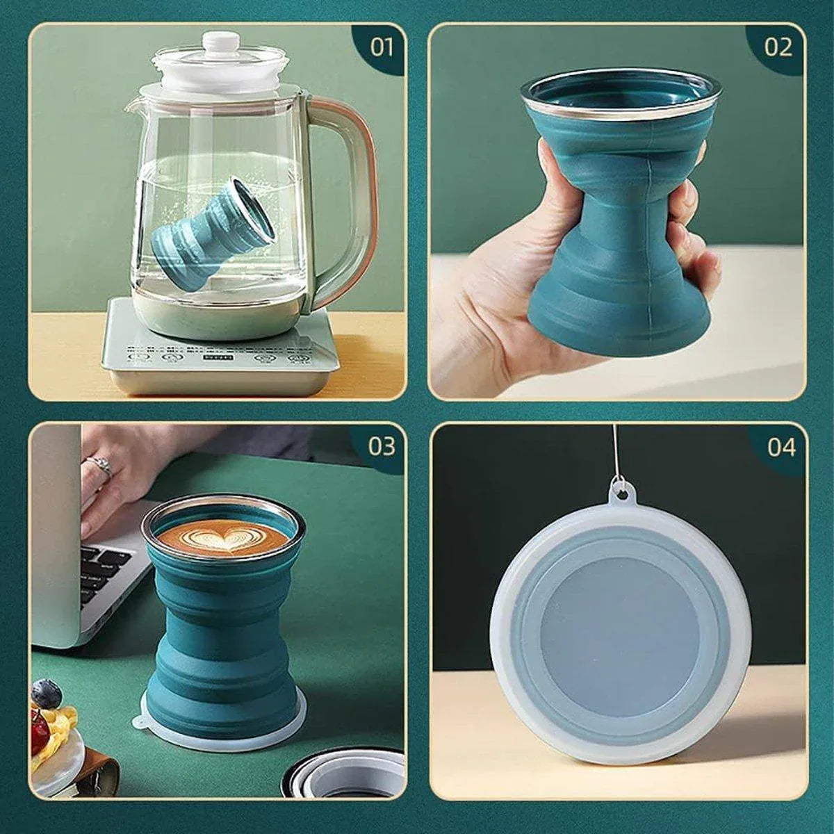 Silicone Folding Travel Mug Portable Retractable Collapsible Mug Outdoor Camping - Grey Lake Blue - Mekamart Australia