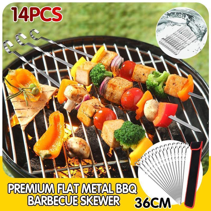 14 Pack Kabob Skewers Premium Flat Metal BBQ Barbecue Skewer Long Stainless - Mekamart Australia