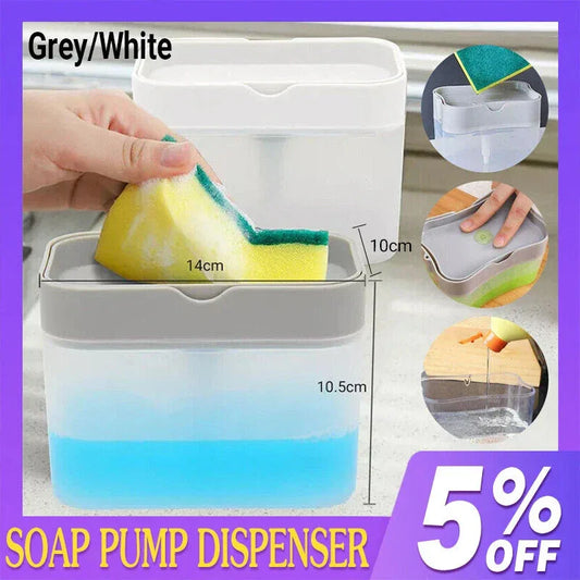 2 In 1 Soap Pump Dispenser Sponge Holder Dish Washing Liquid Container Kitchen - Grey - Mekamart Australia