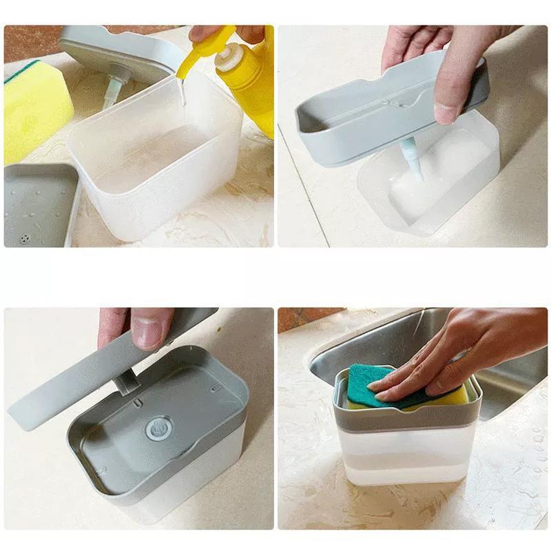 2 In 1 Soap Pump Dispenser Sponge Holder Dish Washing Liquid Container Kitchen - Grey - Mekamart Australia