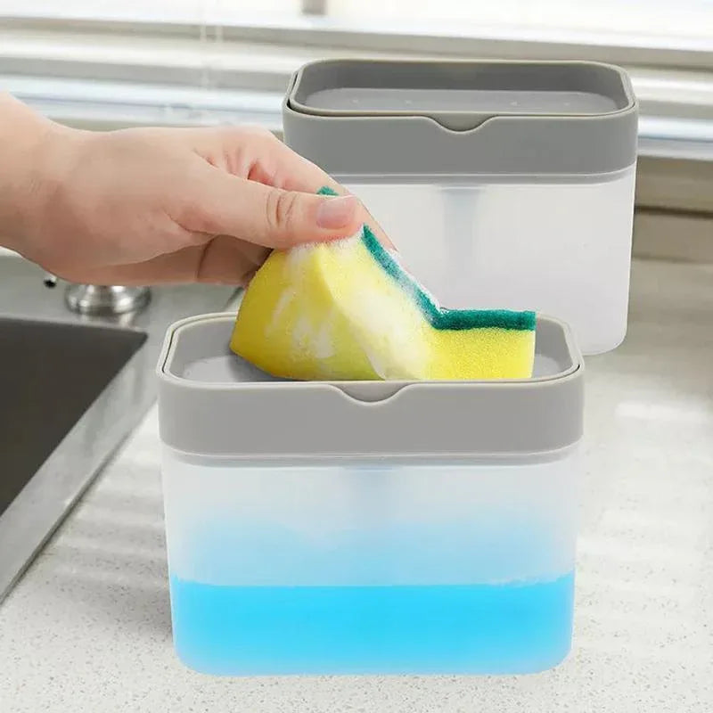 2 In 1 Soap Pump Dispenser Sponge Holder Dish Washing Liquid Container Kitchen - White - Mekamart Australia