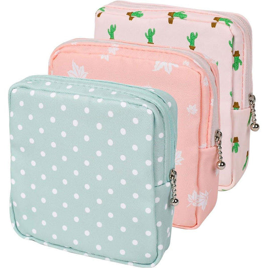 3PCS Cotton Sanitary Napkin Storage Bag Pink Leaves Cactus Dots Portable Pouch - Mekamart Australia