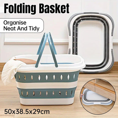 Large Folding Laundry Basket Plastic Dirty Clothes Hamper Blue Bathroom Storage - Grey