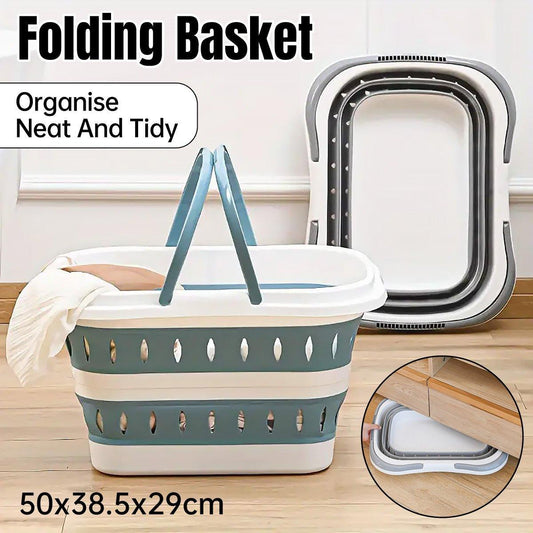Large Folding Laundry Basket Plastic Dirty Clothes Hamper Blue Bathroom Storage - Grey