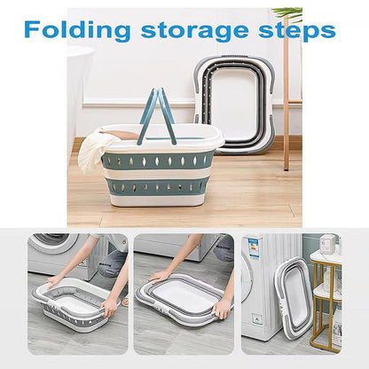 Large Folding Laundry Basket Plastic Dirty Clothes Hamper Blue Bathroom Storage - Grey