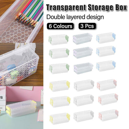 3PCS Clear Plastic Desktop Storage Box 2 Layer Holder DIY Stationery Pencil Case - Yellow - Mekamart Australia