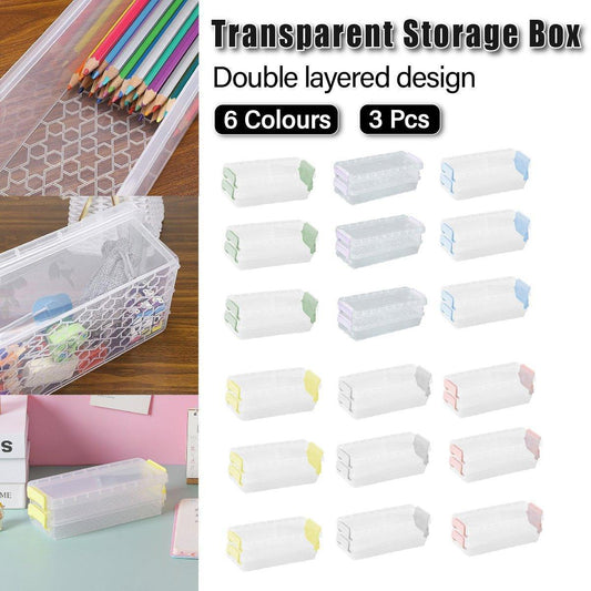 3PCS Clear Plastic Desktop Storage Box 2 Layer Holder DIY Stationery Pencil Case - Yellow - Mekamart Australia