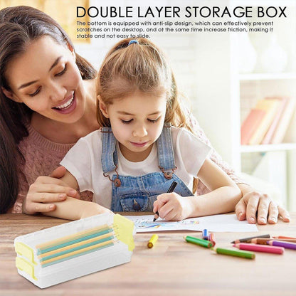 3PCS Clear Plastic Desktop Storage Box 2 Layer Holder DIY Stationery Pencil Case - Yellow - Mekamart Australia