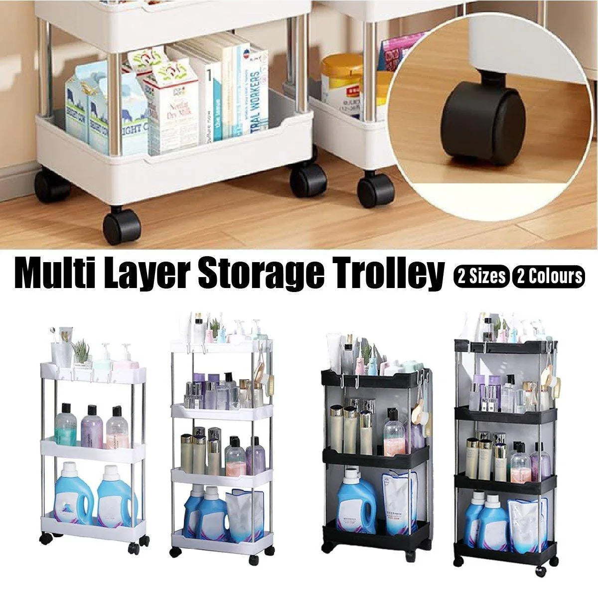 Multi Layer Rolling Storage Cart Kitchen Bathroom Organizer Shelf with Wheels - 3-Black - Mekamart Australia