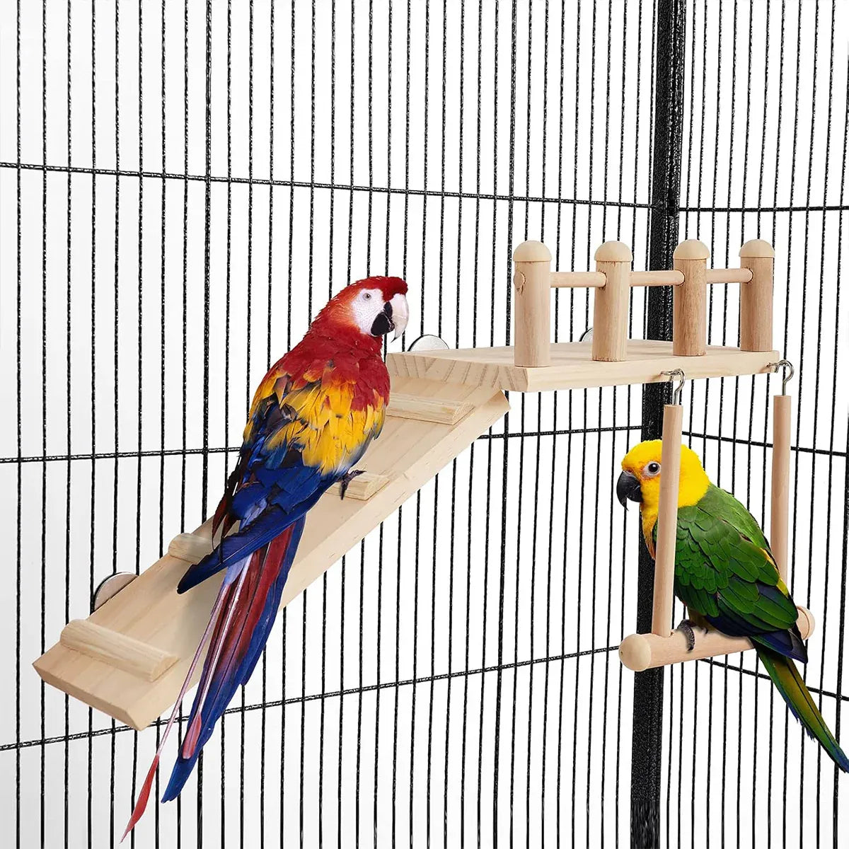 Wooden Parrot Platform Ladder Swing Toy 3 Piece Set Natural Wood Non Toxic