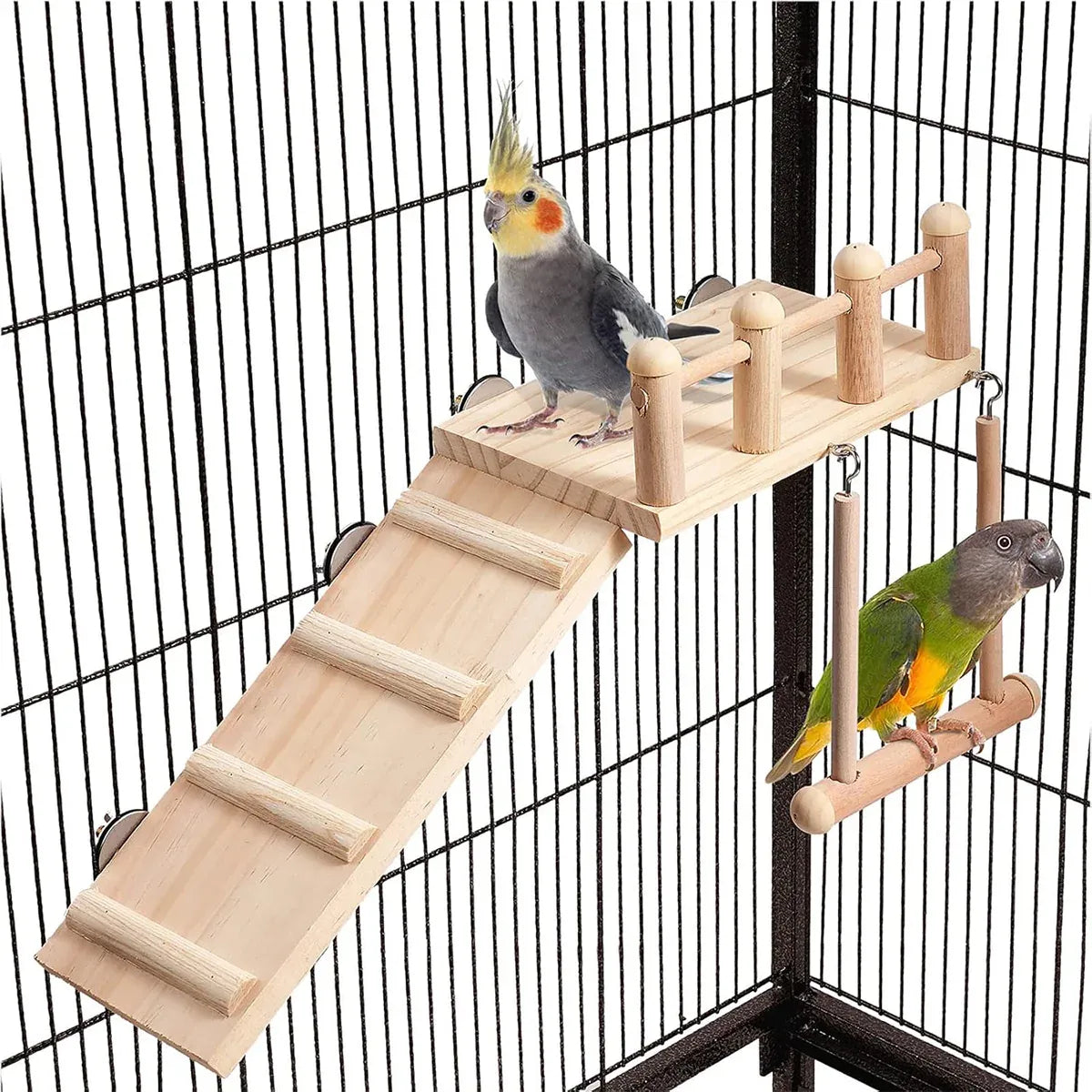 Wooden Parrot Platform Ladder Swing Toy 3 Piece Set Natural Wood Non Toxic
