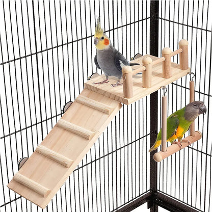 Wooden Parrot Platform Ladder Swing Toy 3 Piece Set Natural Wood Non Toxic