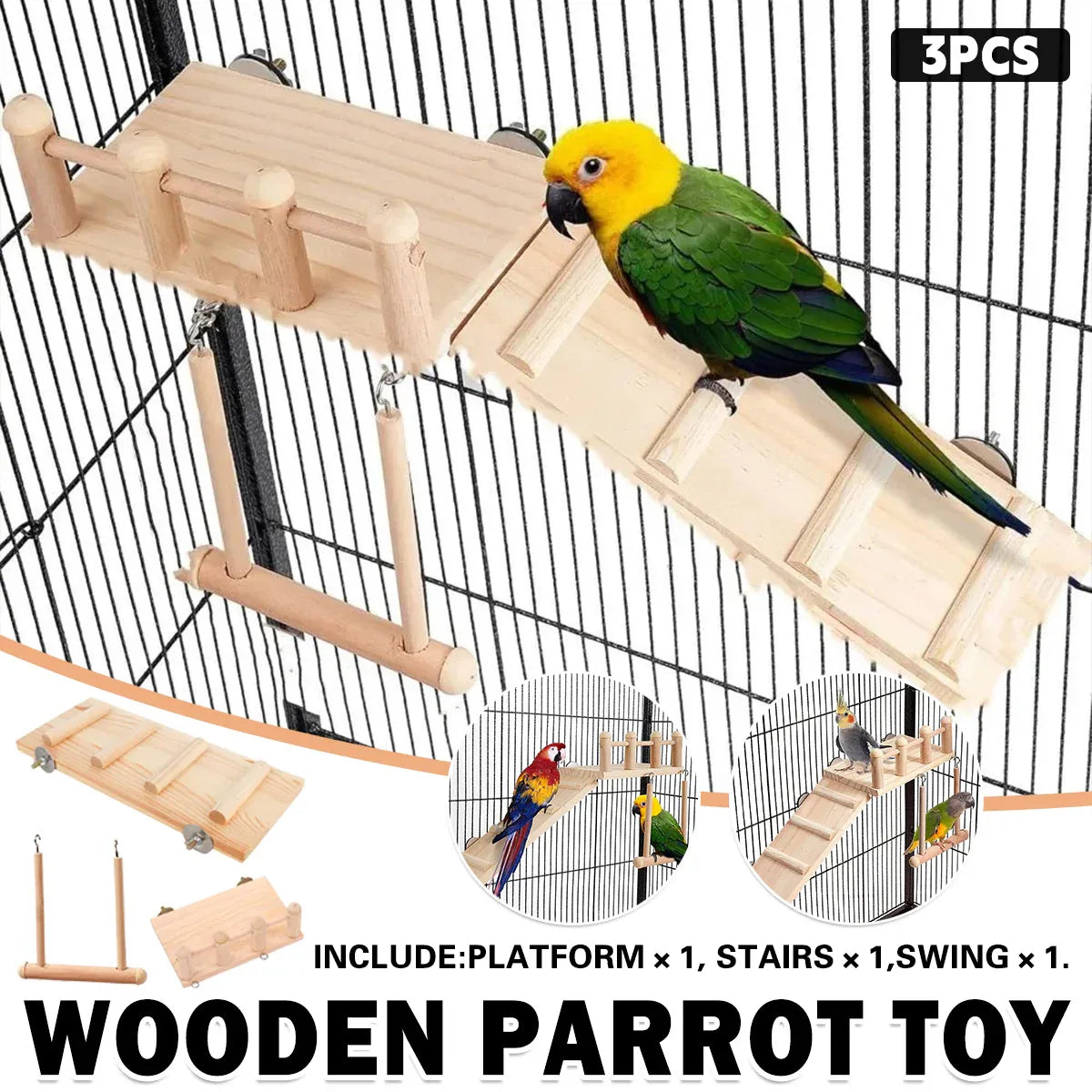 Wooden Parrot Platform Ladder Swing Toy 3 Piece Set Natural Wood Non Toxic