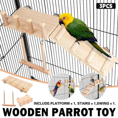 Wooden Parrot Platform Ladder Swing Toy 3 Piece Set Natural Wood Non Toxic