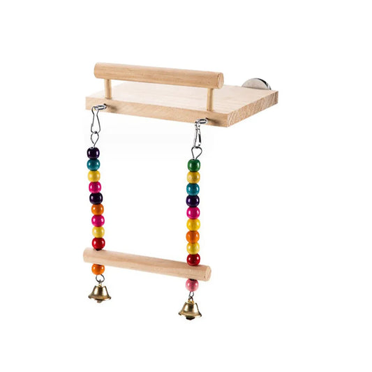 Bird Swing Parrot Cage Toy Wooden Swing with Beads and Bells Hanging Play - Bead Swing with Bells