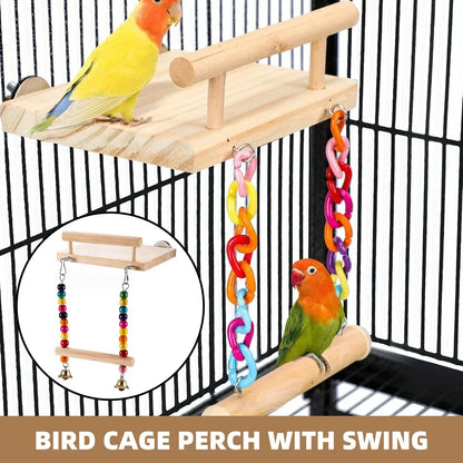 Bird Swing Parrot Cage Toy Wooden Swing with Beads and Bells Hanging Play - Bead Swing with Bells