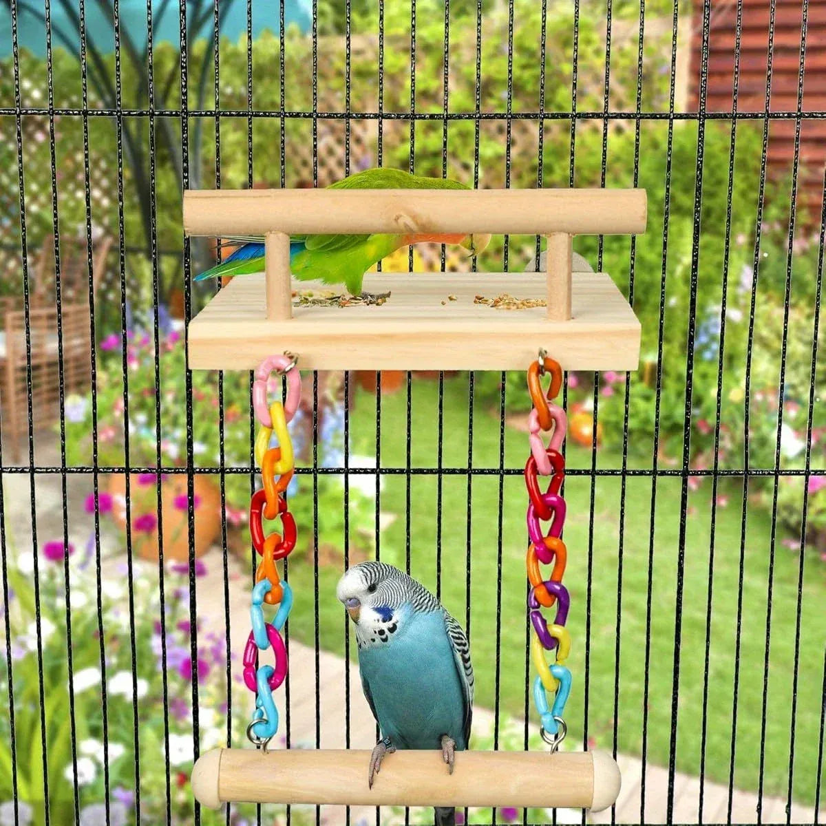 Bird Swing Parrot Cage Toy Wooden Swing with Beads and Bells Hanging Play - Bead Swing with Bells
