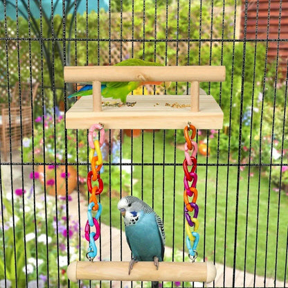 Bird Swing Parrot Cage Toy Wooden Swing with Beads and Bells Hanging Play - Bead Swing with Bells