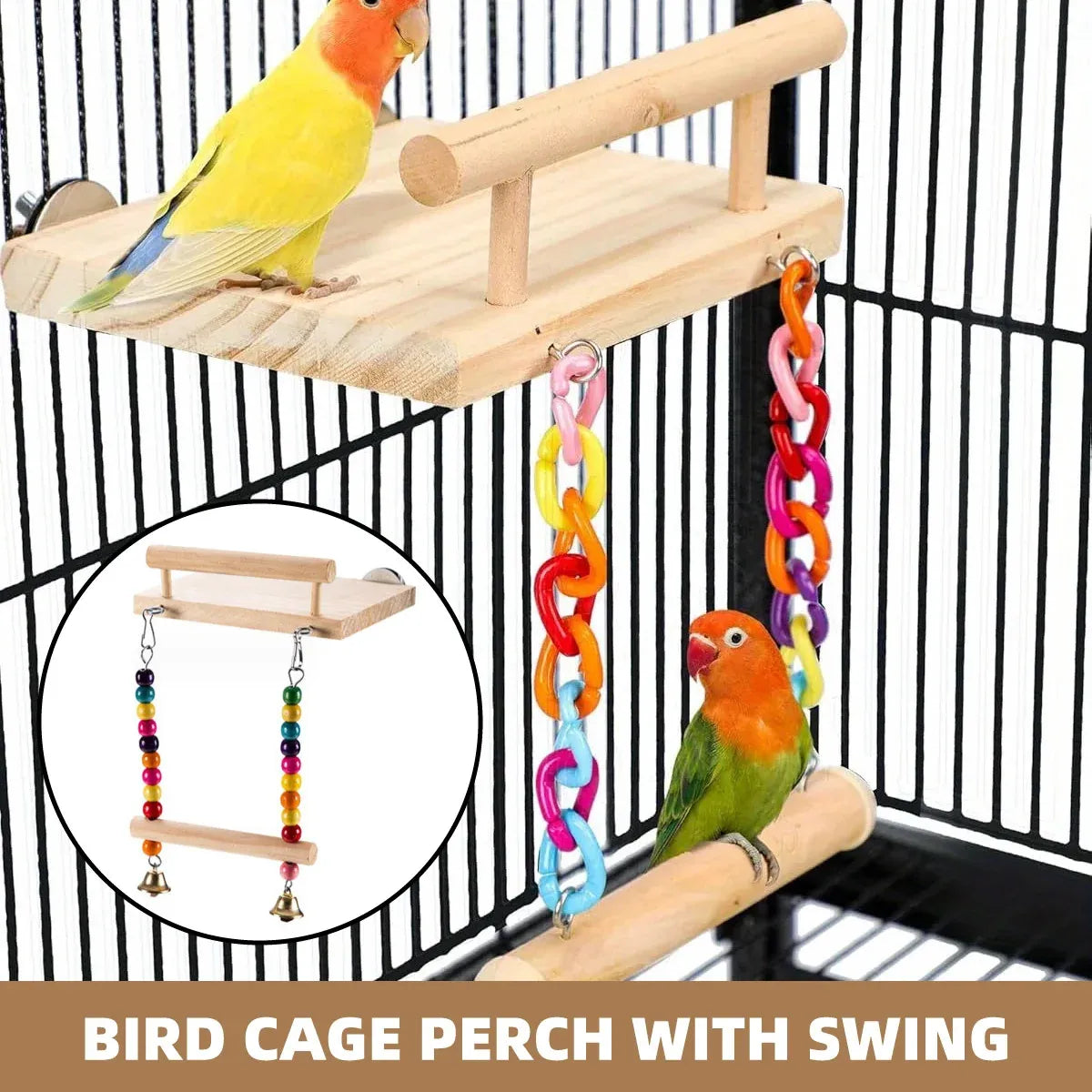 Bird Swing Parrot Cage Toy Wooden Swing with Beads and Bells Hanging Play - Chain Swing