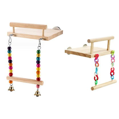 Bird Swing Parrot Cage Toy Wooden Swing with Beads and Bells Hanging Play - Chain Swing