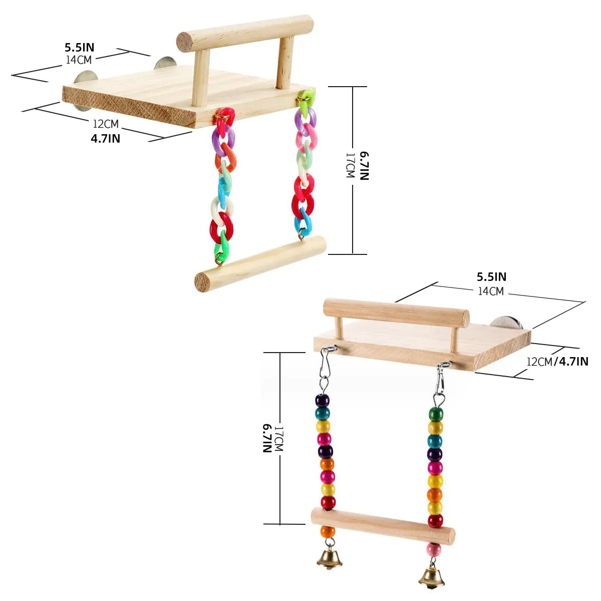Bird Swing Parrot Cage Toy Wooden Swing with Beads and Bells Hanging Play - Chain Swing