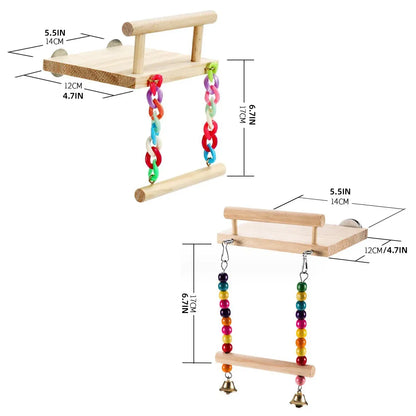 Bird Swing Parrot Cage Toy Wooden Swing with Beads and Bells Hanging Play - Chain Swing
