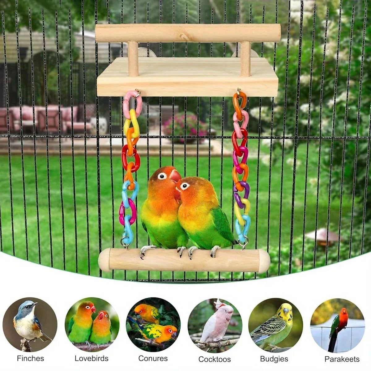 Bird Swing Parrot Cage Toy Wooden Swing with Beads and Bells Hanging Play - Chain Swing