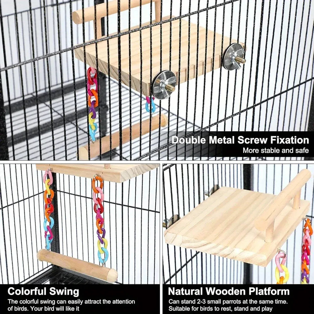 Bird Swing Parrot Cage Toy Wooden Swing with Beads and Bells Hanging Play - Chain Swing