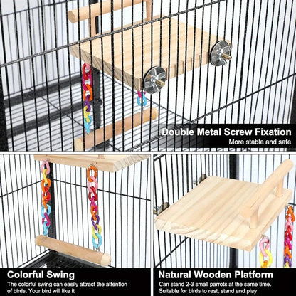 Bird Swing Parrot Cage Toy Wooden Swing with Beads and Bells Hanging Play - Chain Swing