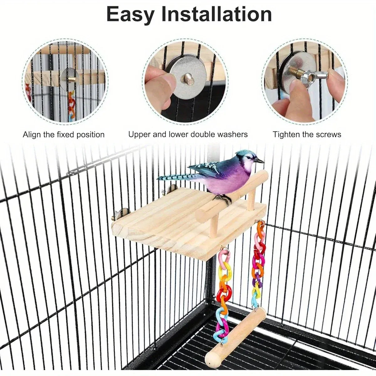 Bird Swing Parrot Cage Toy Wooden Swing with Beads and Bells Hanging Play - Chain Swing
