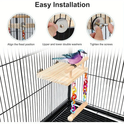 Bird Swing Parrot Cage Toy Wooden Swing with Beads and Bells Hanging Play - Chain Swing