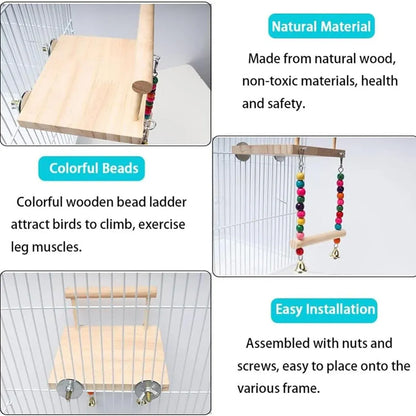 Bird Swing Parrot Cage Toy Wooden Swing with Beads and Bells Hanging Play - Chain Swing