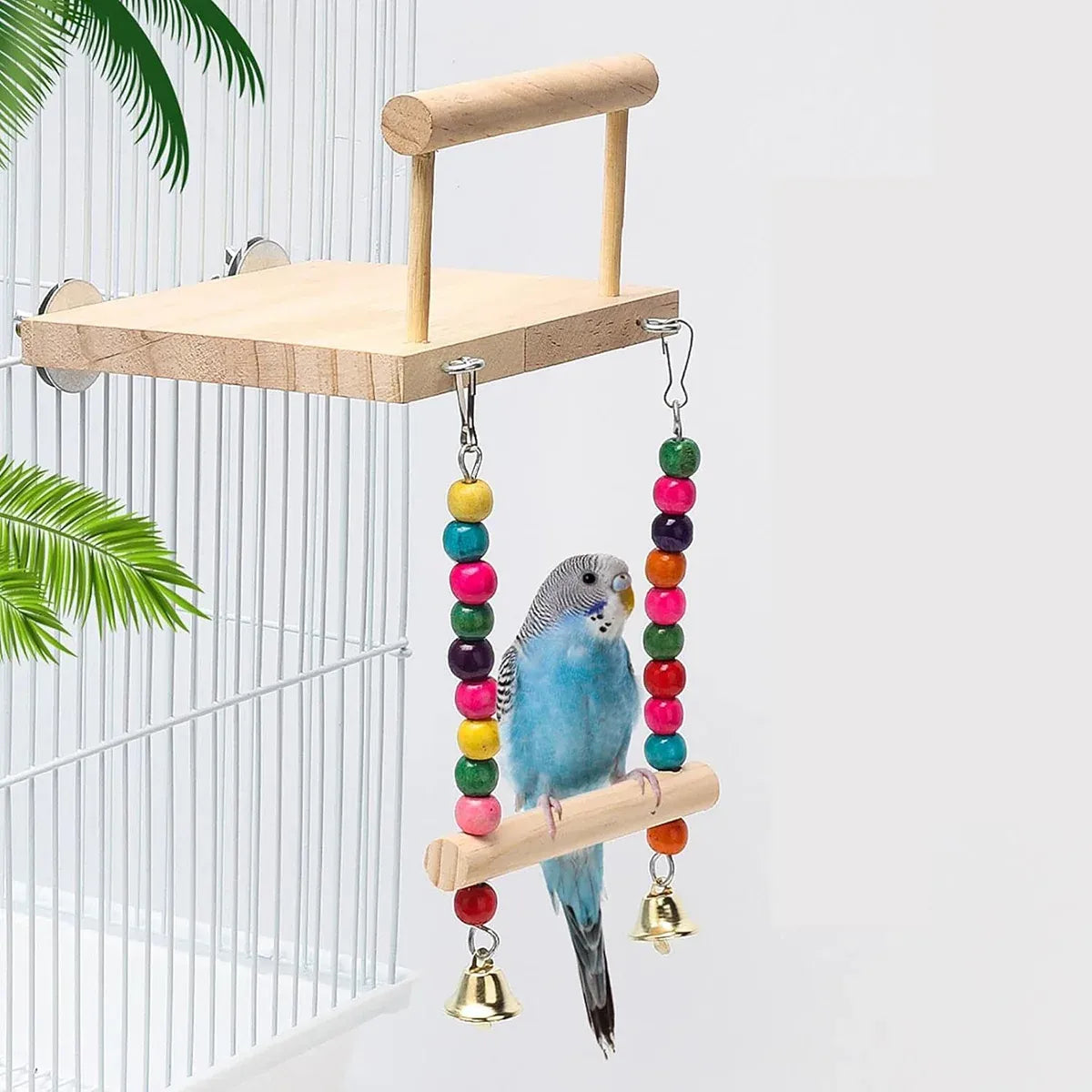 Bird Swing Parrot Cage Toy Wooden Swing with Beads and Bells Hanging Play - Chain Swing