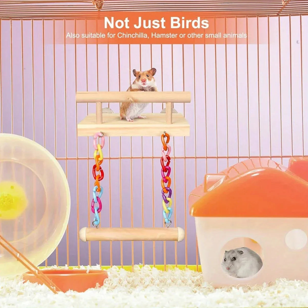 Bird Swing Parrot Cage Toy Wooden Swing with Beads and Bells Hanging Play - Chain Swing
