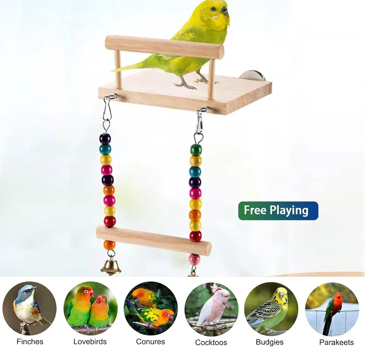 Bird Swing Parrot Cage Toy Wooden Swing with Beads and Bells Hanging Play - Chain Swing