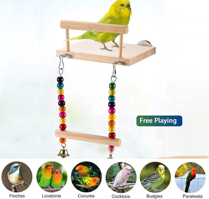 Bird Swing Parrot Cage Toy Wooden Swing with Beads and Bells Hanging Play - Chain Swing