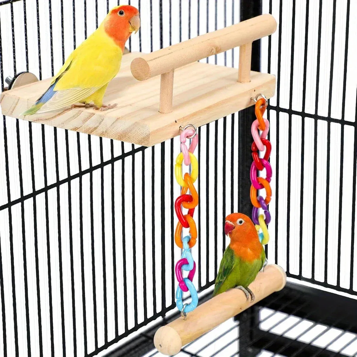 Bird Swing Parrot Cage Toy Wooden Swing with Beads and Bells Hanging Play - Chain Swing