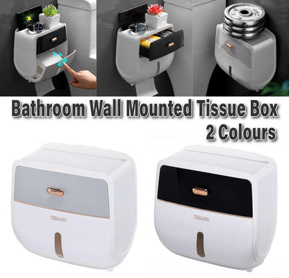 Wall-Mounted Toilet Tissue Paper Roll Holder Storage Box No punching Waterproof - Grey - Mekamart Australia