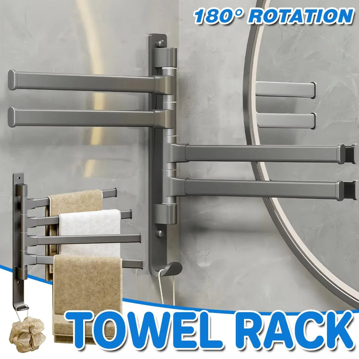 Rotating Towel Rack Wall Mounted Bathroom Shelf Multi Rod Swivel Towel Holder - Mekamart Australia