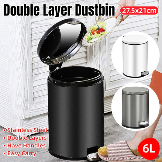 Trash Can Double Layer Foot Pedal Design with Lid Household Bin Kitchen Bathroom - Black - Mekamart Australia