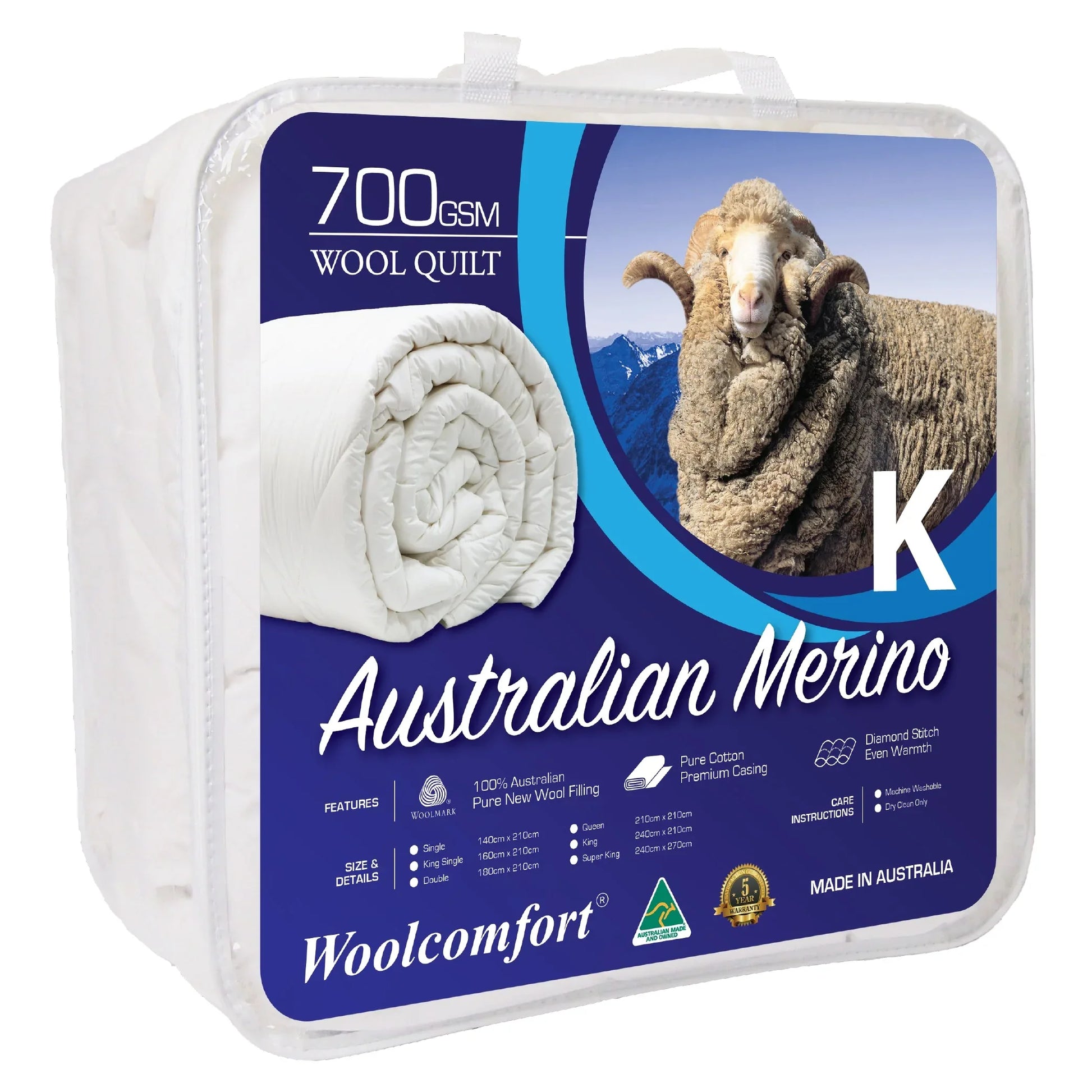 Woolcomfort Aus Made Merino Wool Quilt 700GSM 240x210cm King Size - Mekamart Australia