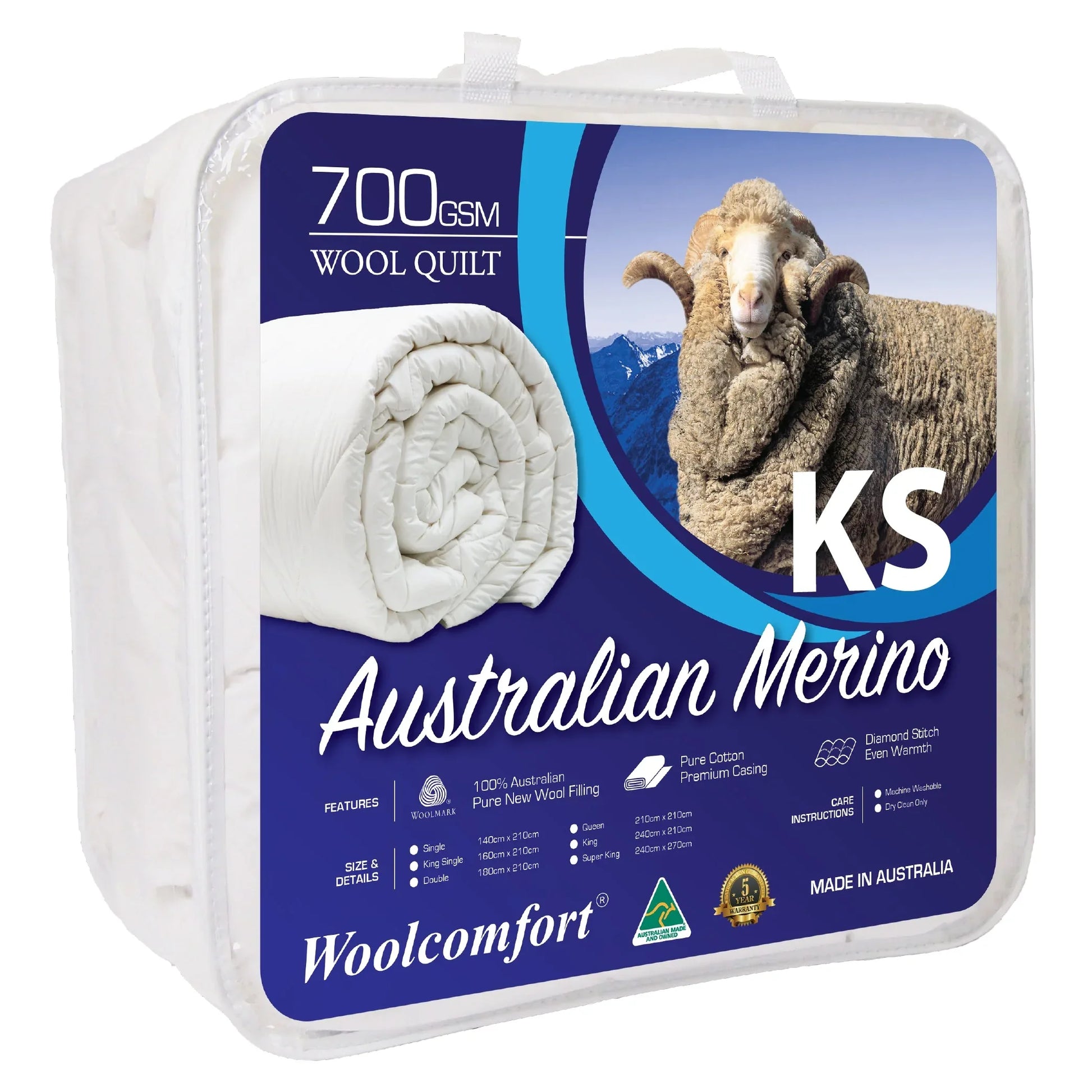 Woolcomfort Aus Made Merino Wool Quilt 700GSM 160x210cm King Single Size - Mekamart Australia