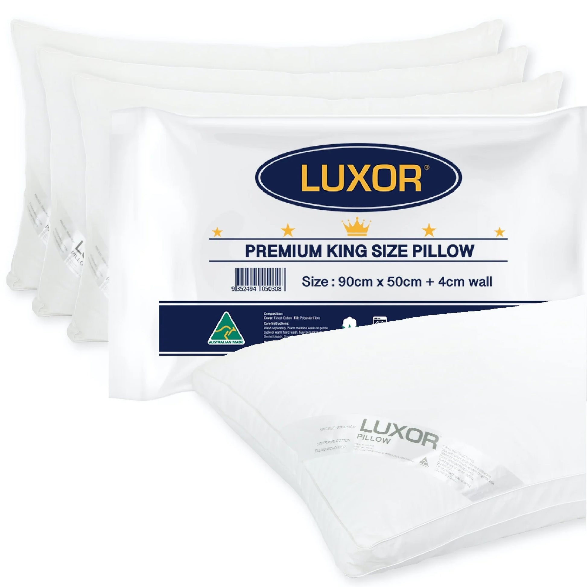 Luxor Australian Made Hotel King Size Pillow with 4cm Wall Four Pack - Mekamart Australia