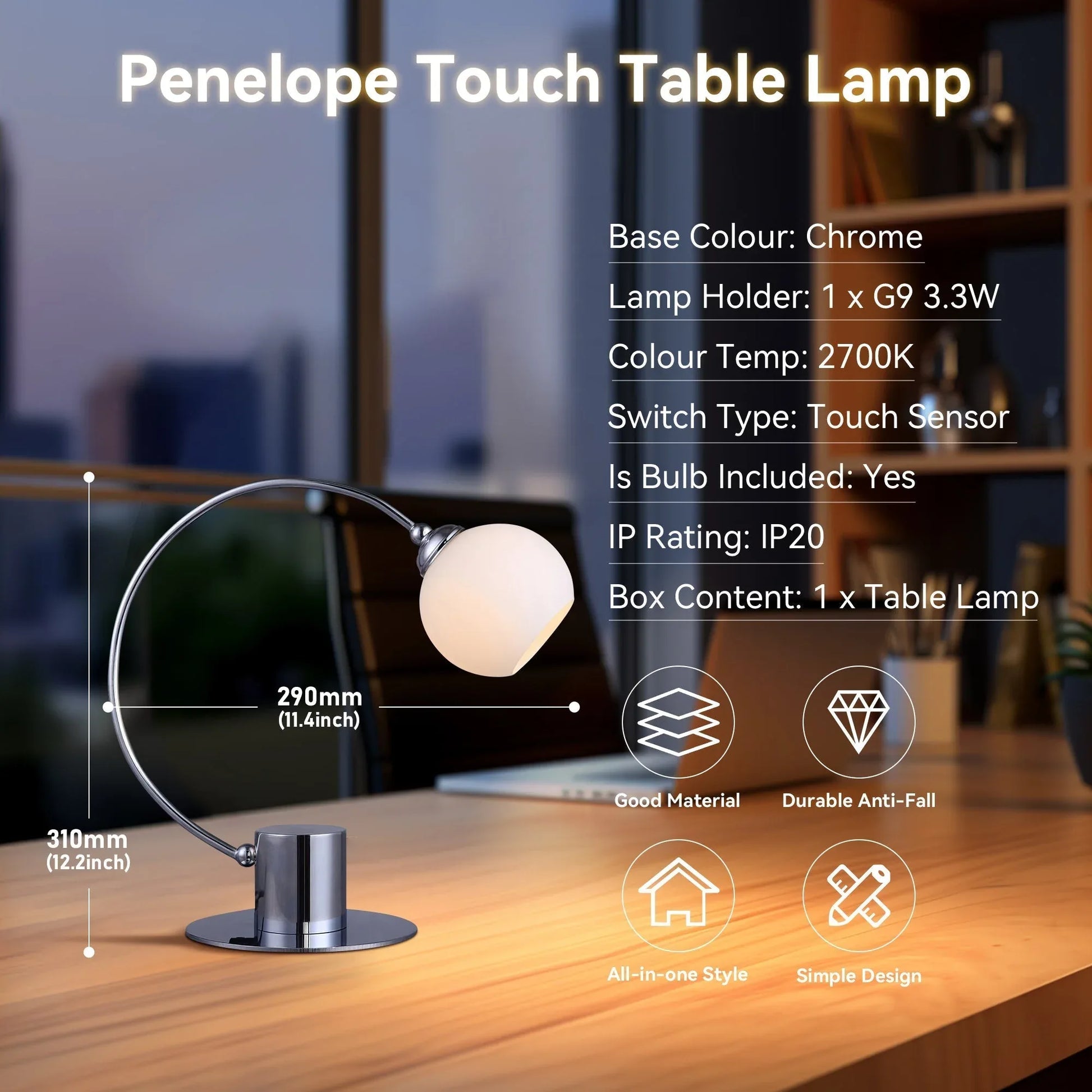 Penelope Touch Table Lamp - Chrome - Mekamart Australia