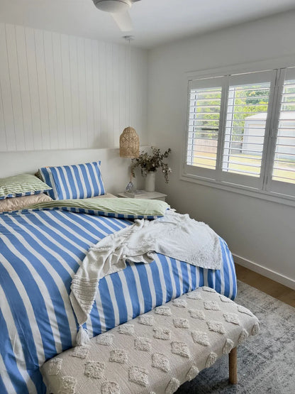 100% Cotton Duvet Quilt Cover Set w/ 2 Pillow Cases in Reversible Blue/Green/White Stripe - Queen - Mekamart Australia