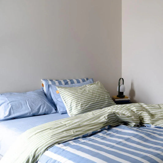100% Cotton Duvet Quilt Cover Set w/ 2 Pillow Cases in Reversible Blue/Green/White Stripe - Single - Mekamart Australia