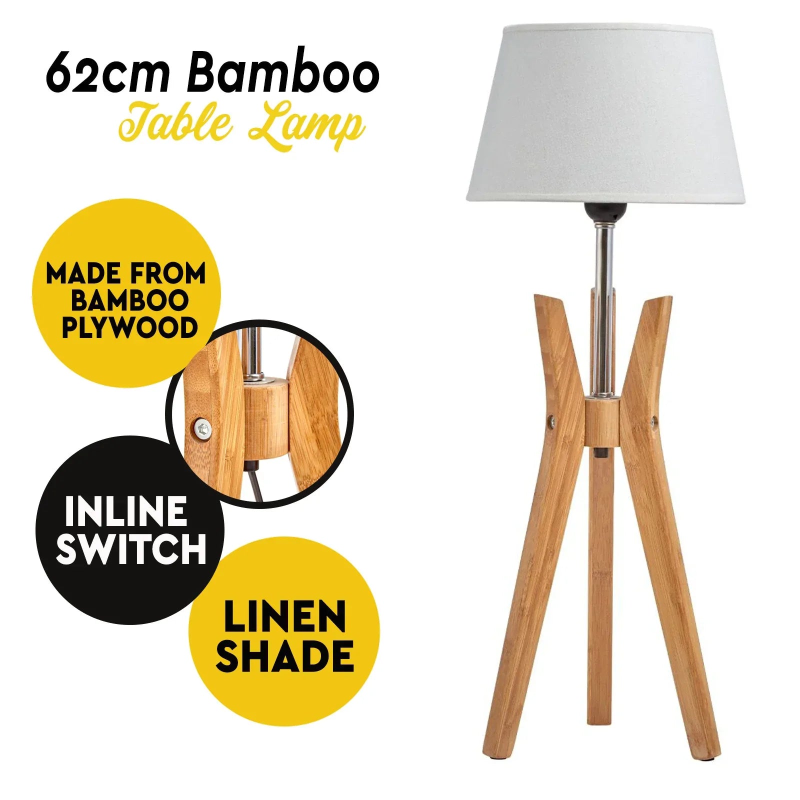 Bamboo Tripod Table Lamp Desk Modern Rustic Geo Light w Linen Shade - Mekamart Australia